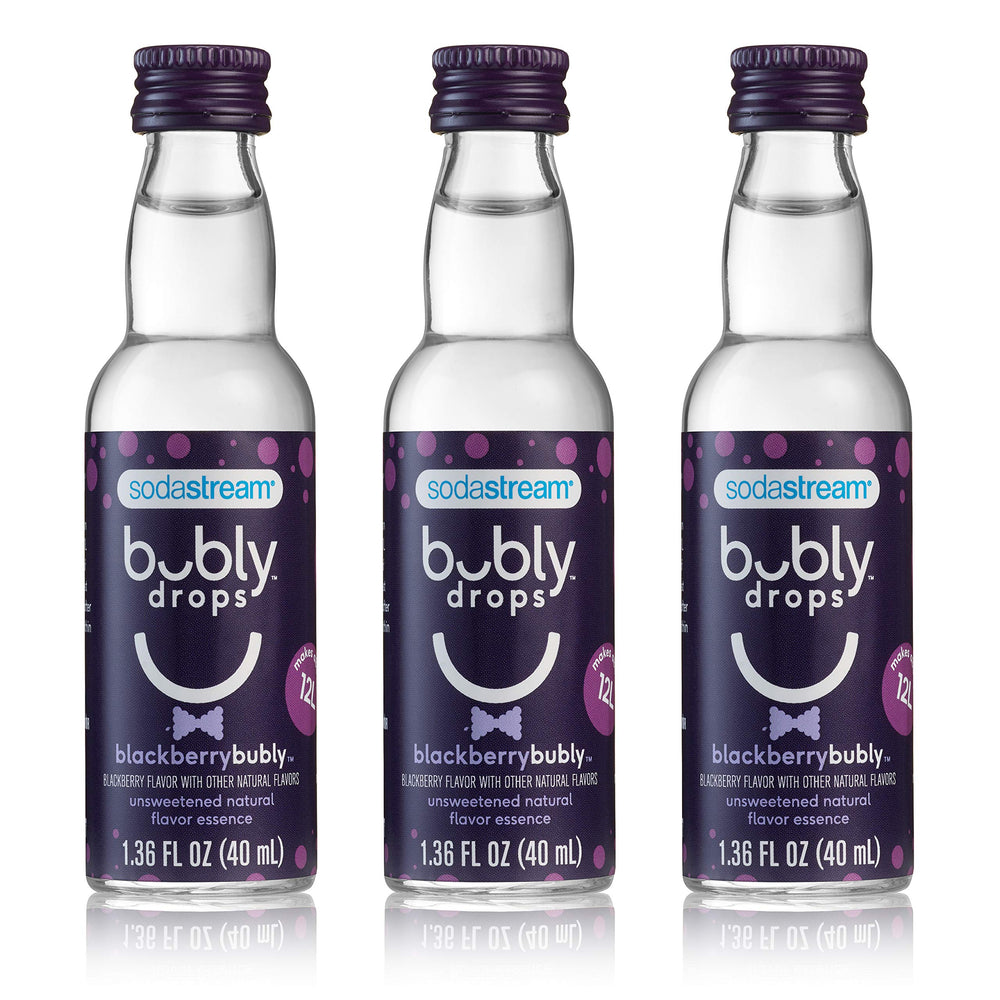 SodaStream bubly Blackberry front packaging showing three bottles and benefits