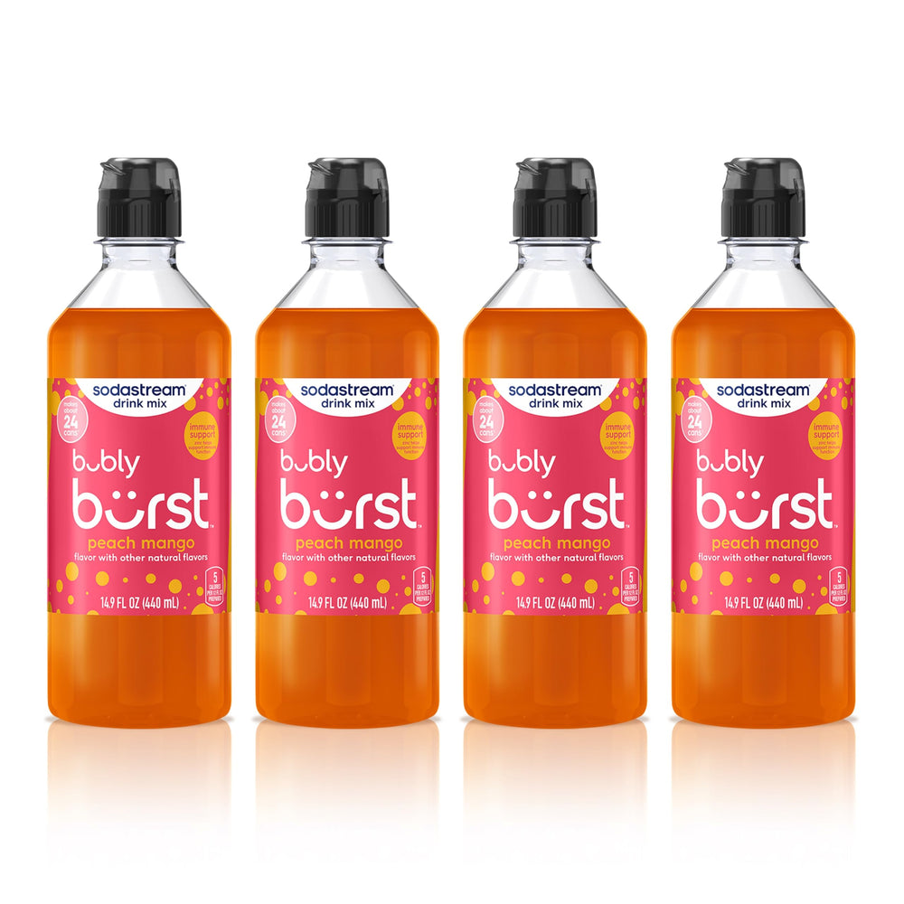 sodastream Bubly Burst front packaging showing four peach mango bottles and product benefits