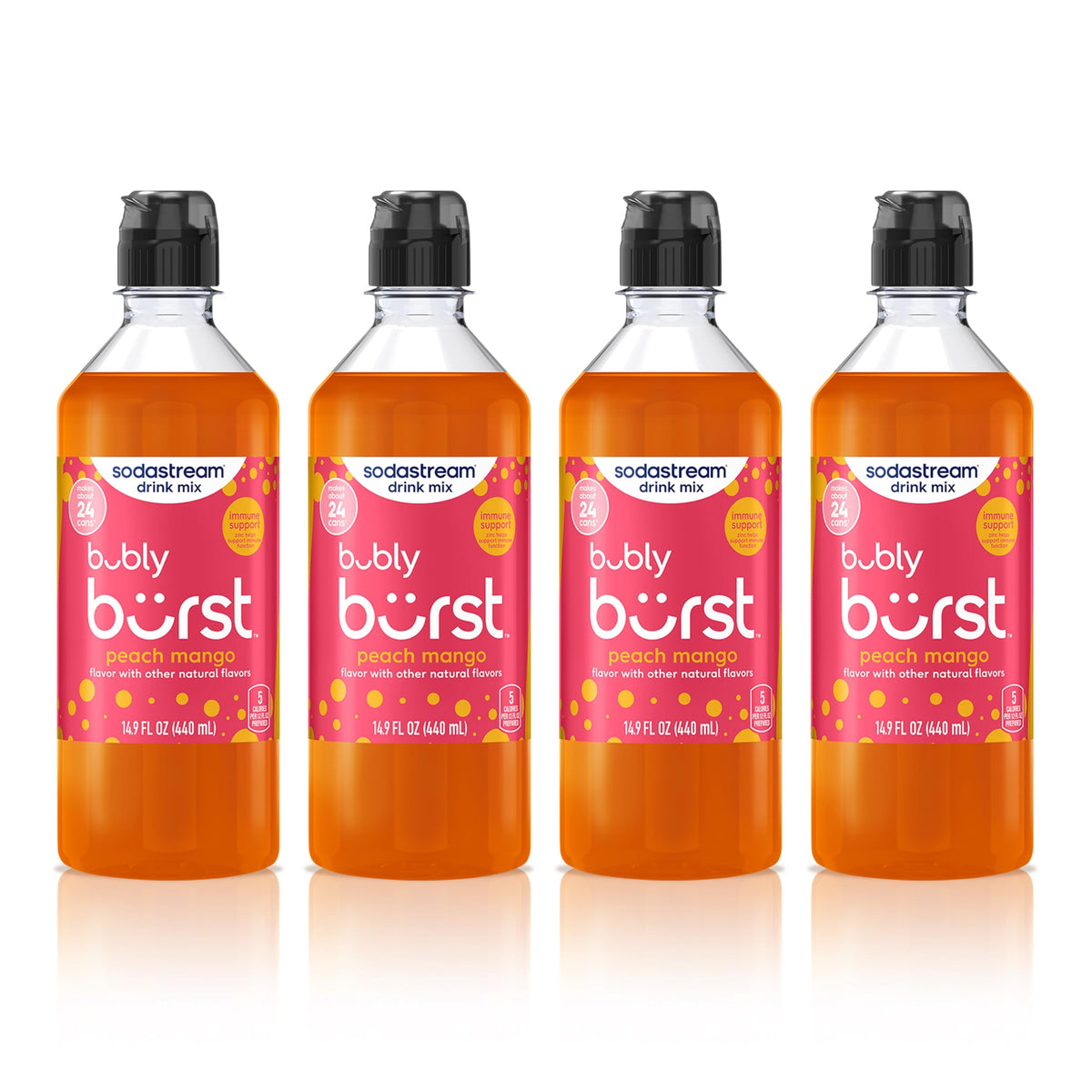 sodastream Bubly Burst front packaging showing four peach mango bottles and product benefits