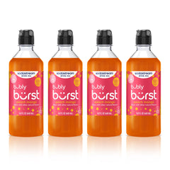sodastream Bubly Burst front packaging showing four peach mango bottles and product benefits