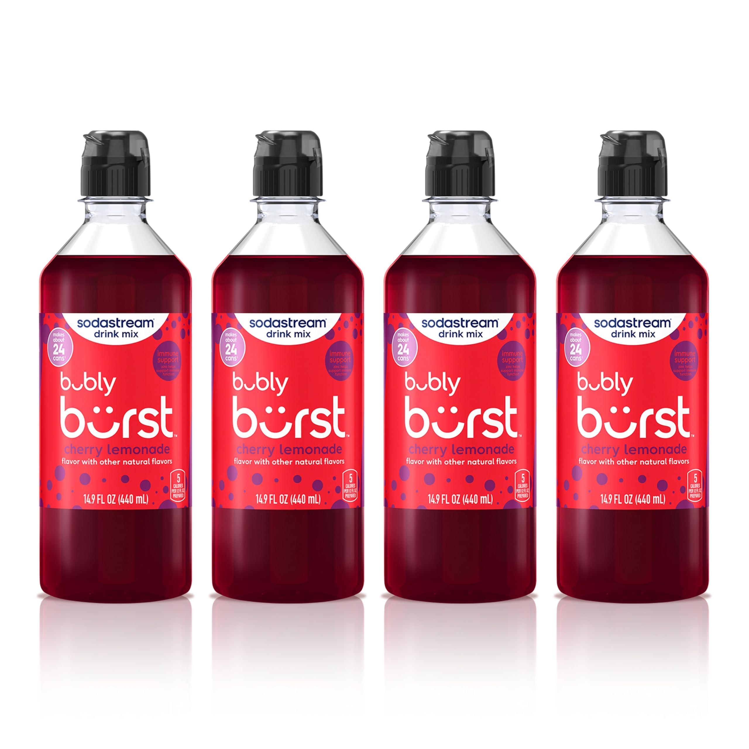 sodastream Bubly Burst cherry lemonade front packaging showing four bottles and branding benefits