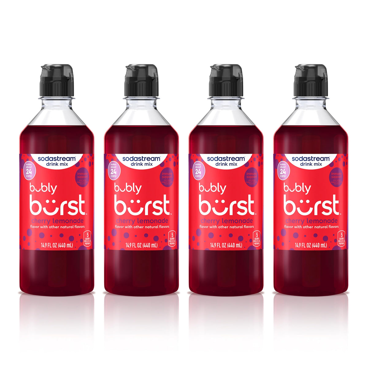 sodastream Bubly Burst cherry lemonade front packaging showing four bottles and branding benefits