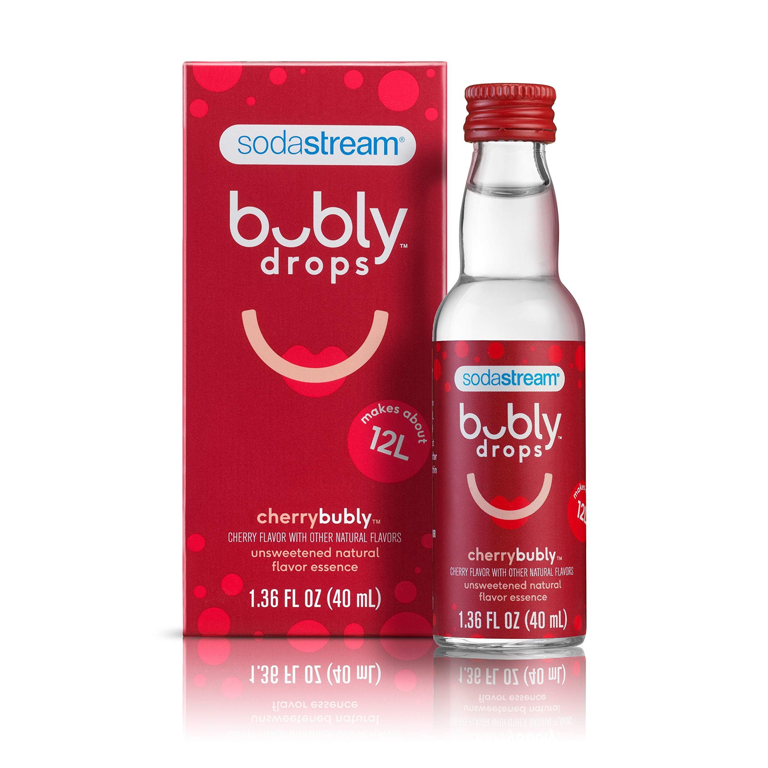sodastream bubly Drops Cherry close-up of bottle label and cap highlighting natural flavor