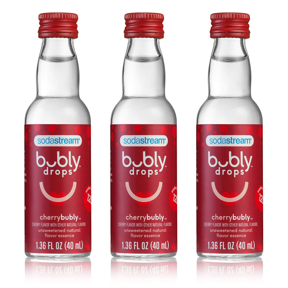 sodastream bubly Drops Cherry front packaging showing three 40ml bottles and branding benefits