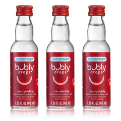 sodastream bubly Drops Cherry front packaging showing three 40ml bottles and branding benefits
