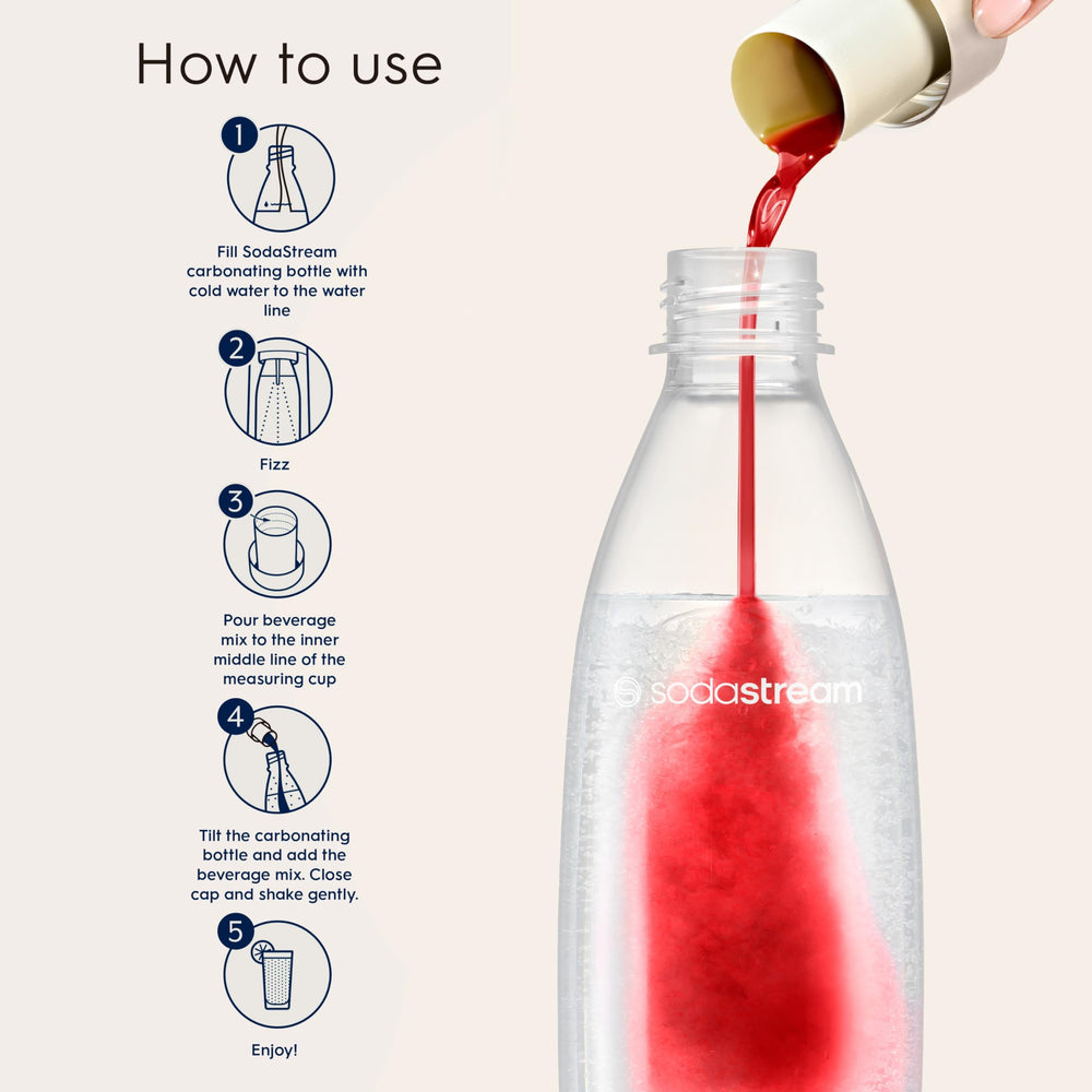 sodastream bubly Drops Cherry on a kitchen counter with sparkling glass illustrating quick home use