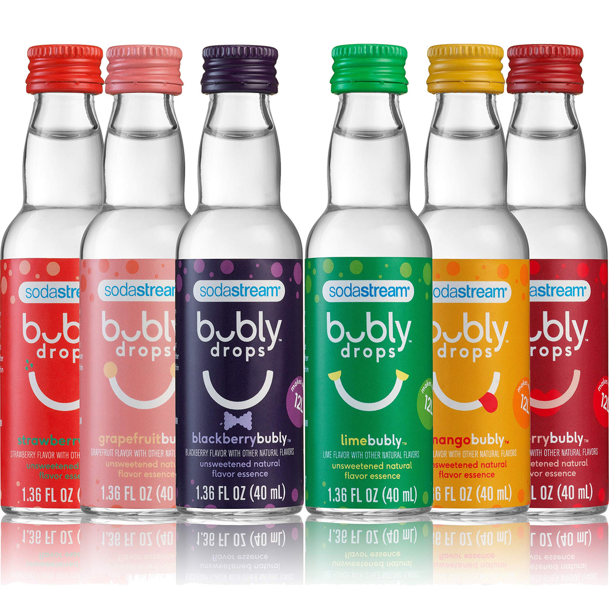 sodastream Bubly drops front packaging showing six flavor bottles, convenient variety