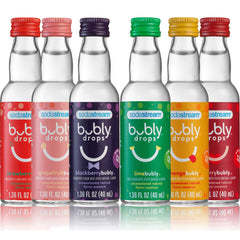 sodastream Bubly drops front packaging showing six flavor bottles, convenient variety