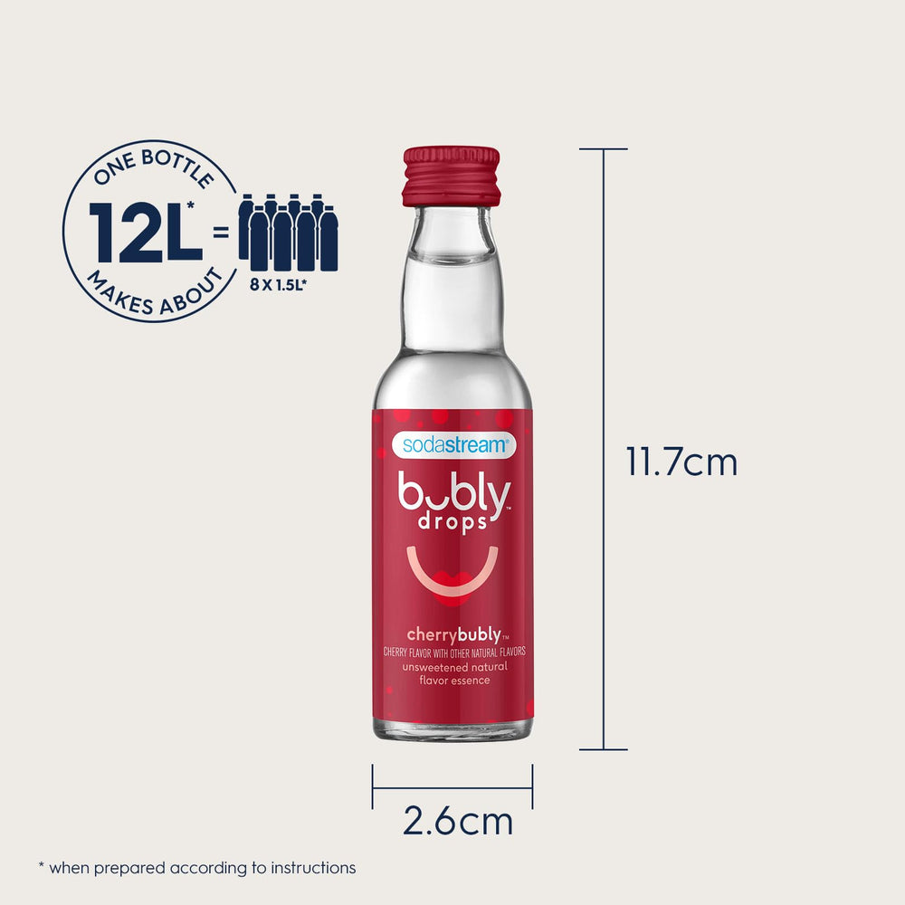 sodastream bubly Drops raspberry bottle beside a glass of fizz for serving idea
