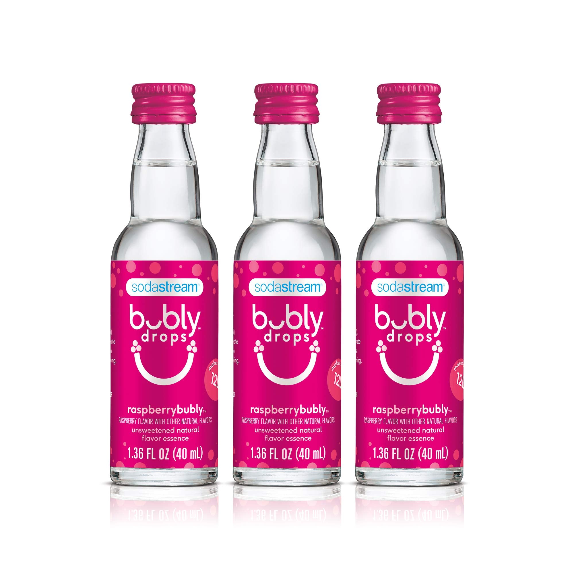sodastream bubly Drops raspberry front packaging showing three bottles and benefits