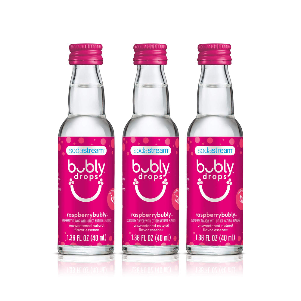 sodastream bubly Drops raspberry front packaging showing three bottles and benefits