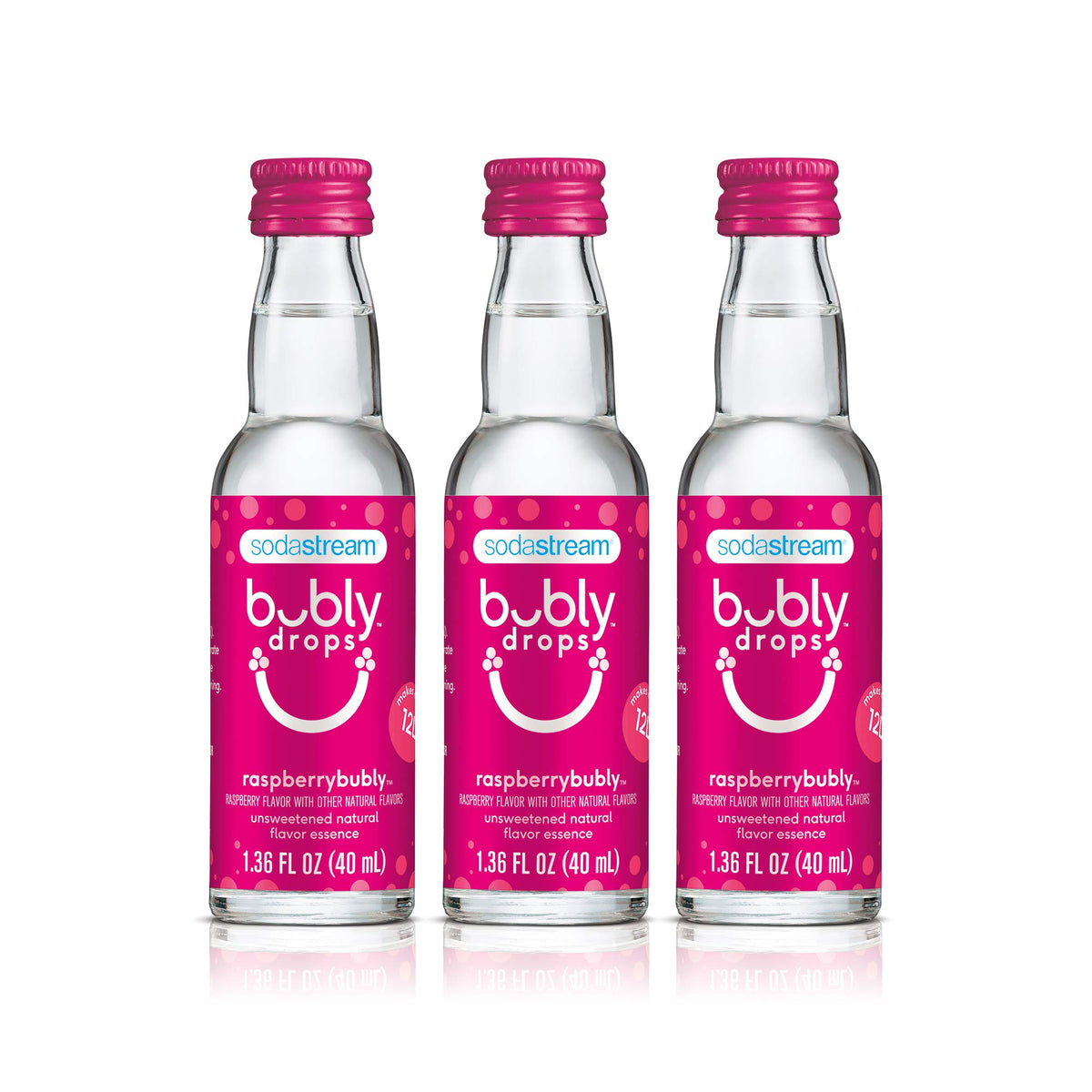 sodastream bubly Drops raspberry front packaging showing three bottles and benefits
