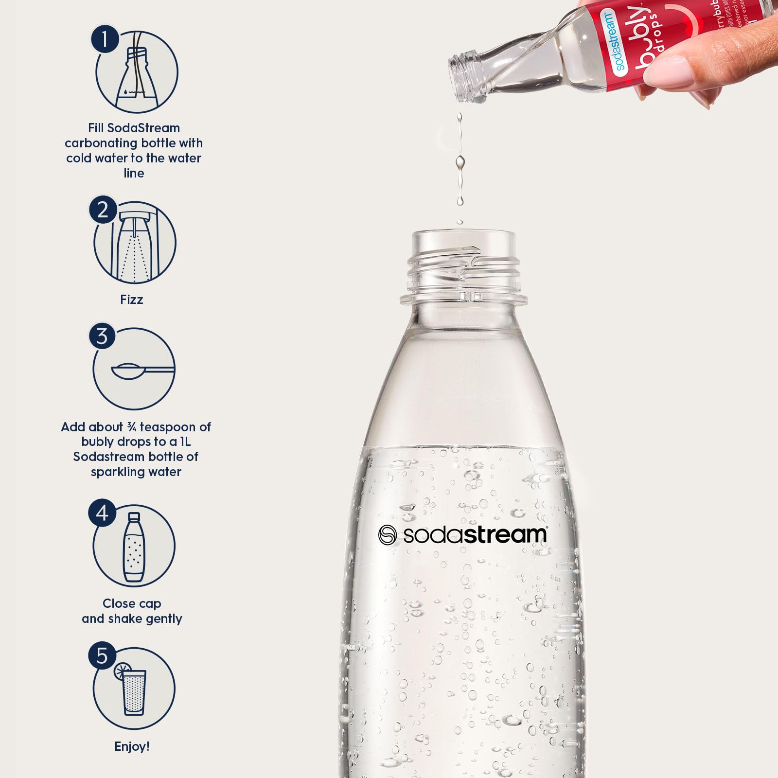 sodastream bubly Drops raspberry placed on kitchen counter for easy at-home use