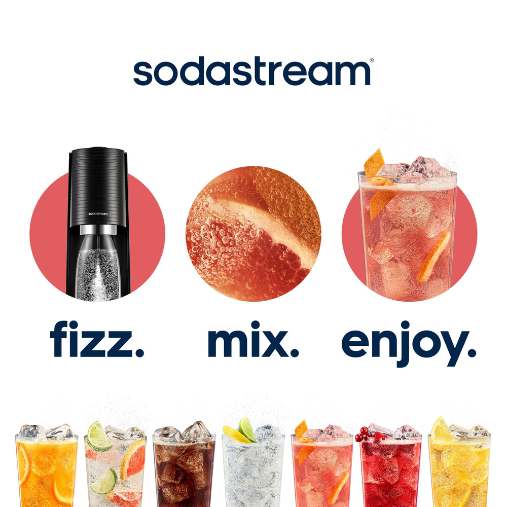 sodastream Bubly drops next to a soda can to show size and long-lasting supply