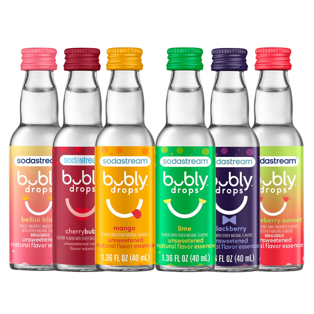 sodastream bubly front pack showing six flavors and zero-calorie benefit