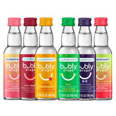sodastream bubly front pack showing six flavors and zero-calorie benefit
