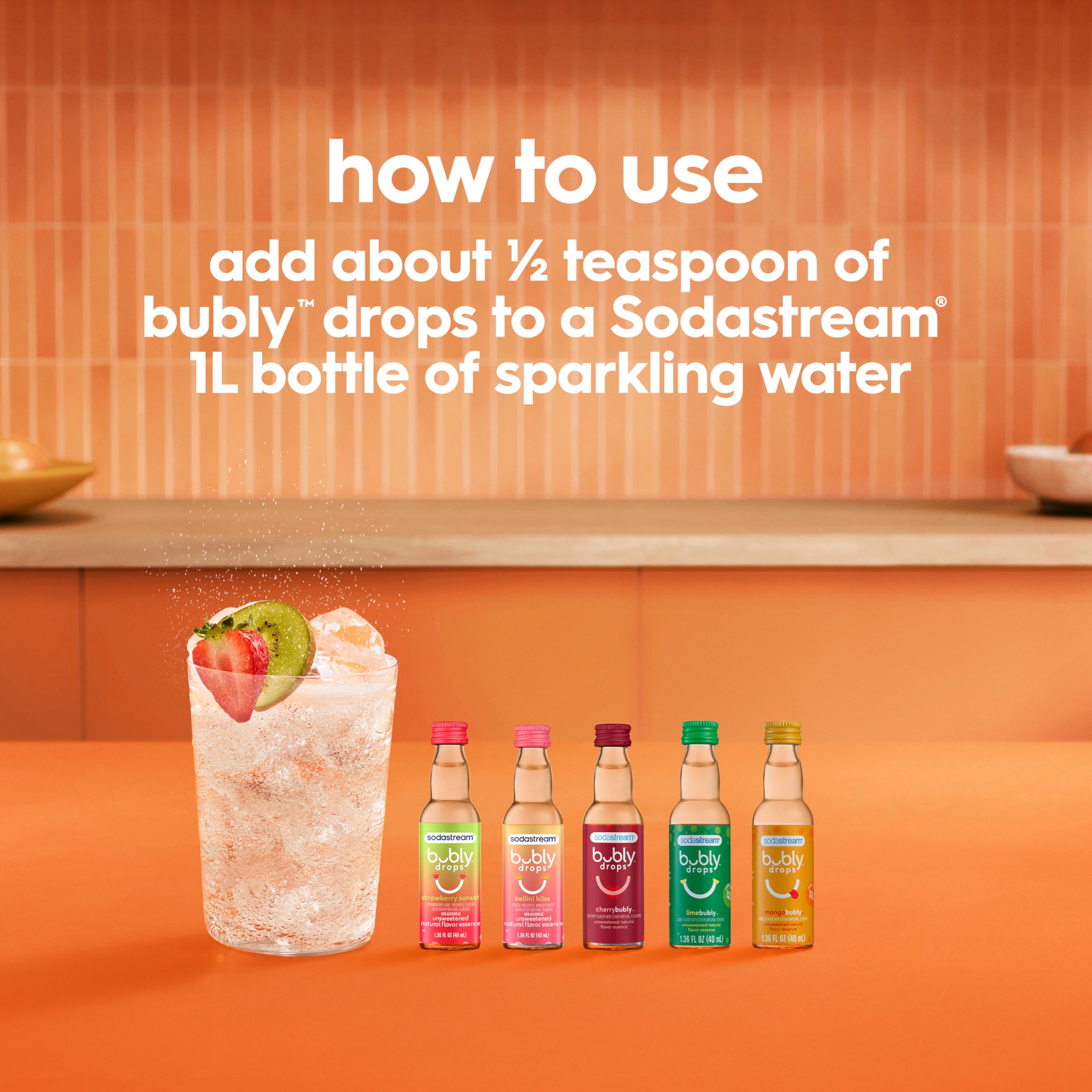 sodastream bubly being poured into sparkling water demonstrating easy mixing