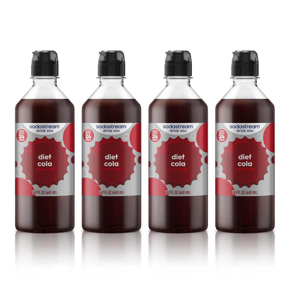 sodastream front packaging showing four diet cola bottles and brand benefit