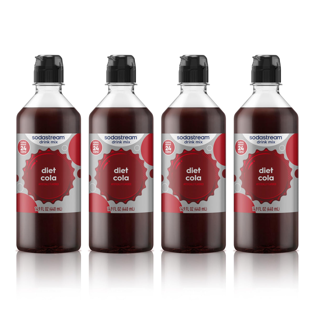 sodastream front packaging showing four diet cola bottles and brand benefit
