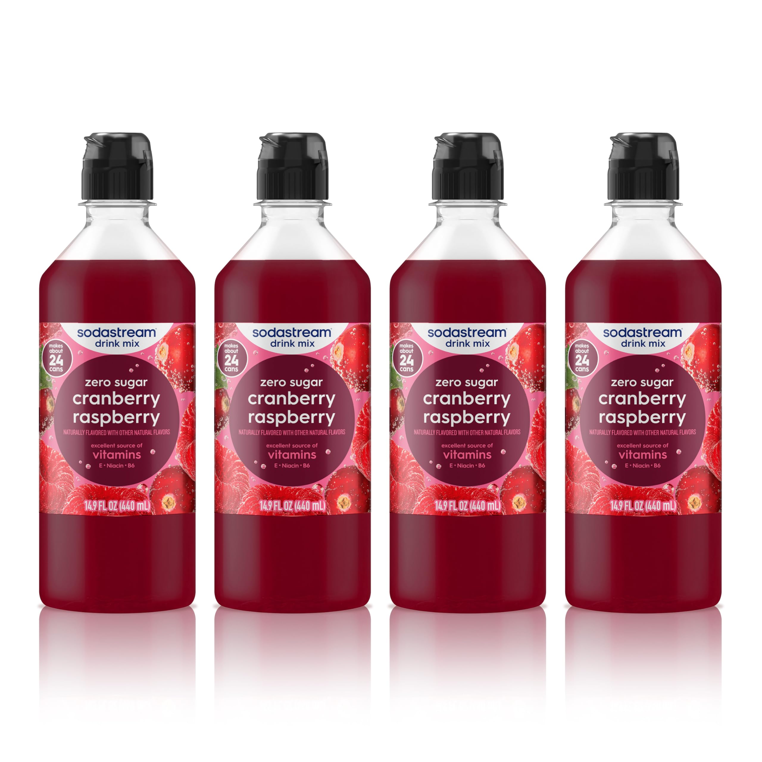 sodastream front packaging showing four cranberry raspberry bottles and value pack benefit