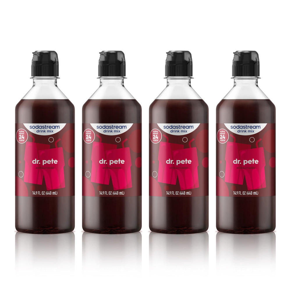 sodastream front packaging showing four dr. pete bottles and savings
