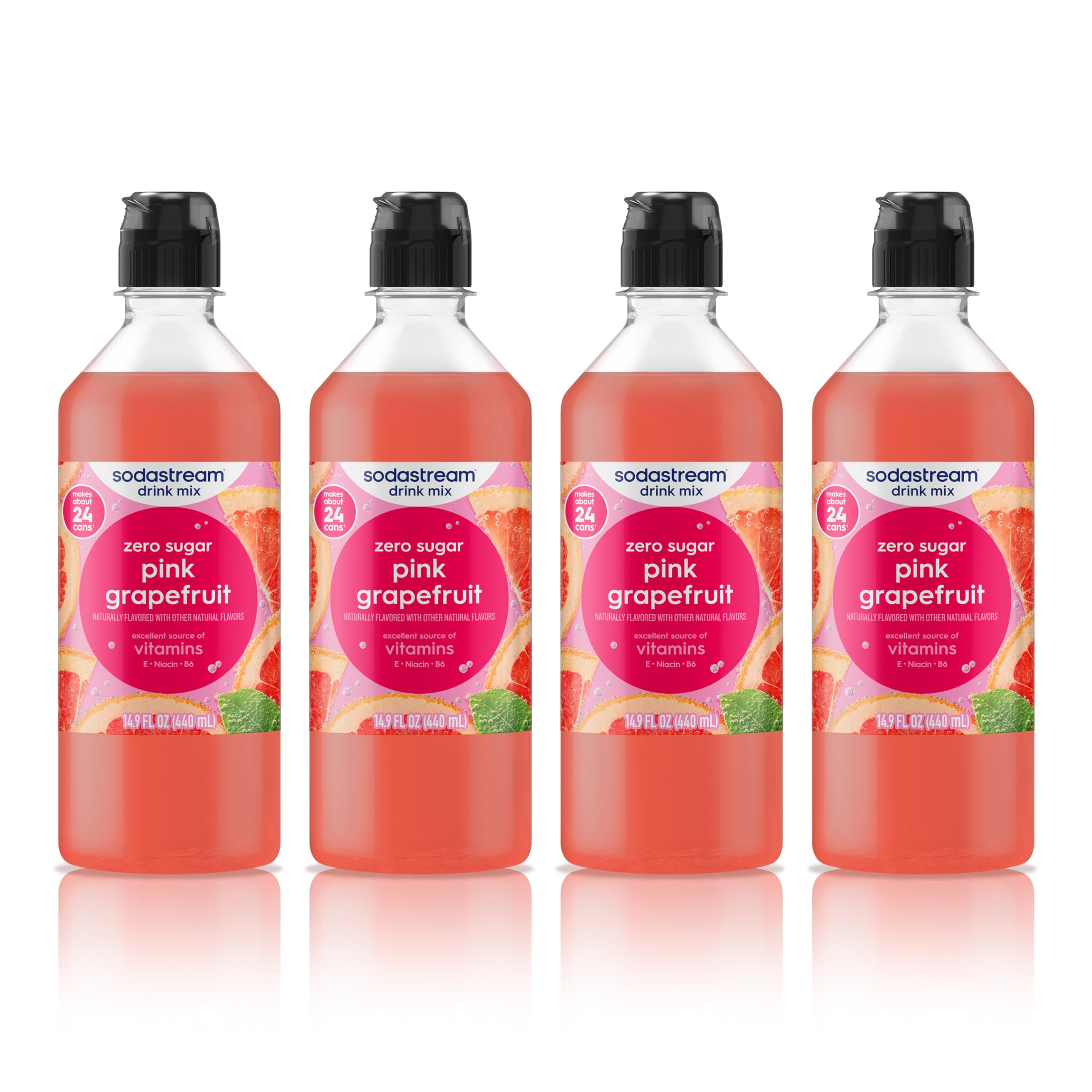 sodastream front packaging Pink Grapefruit shows four bottles and easy storage benefit