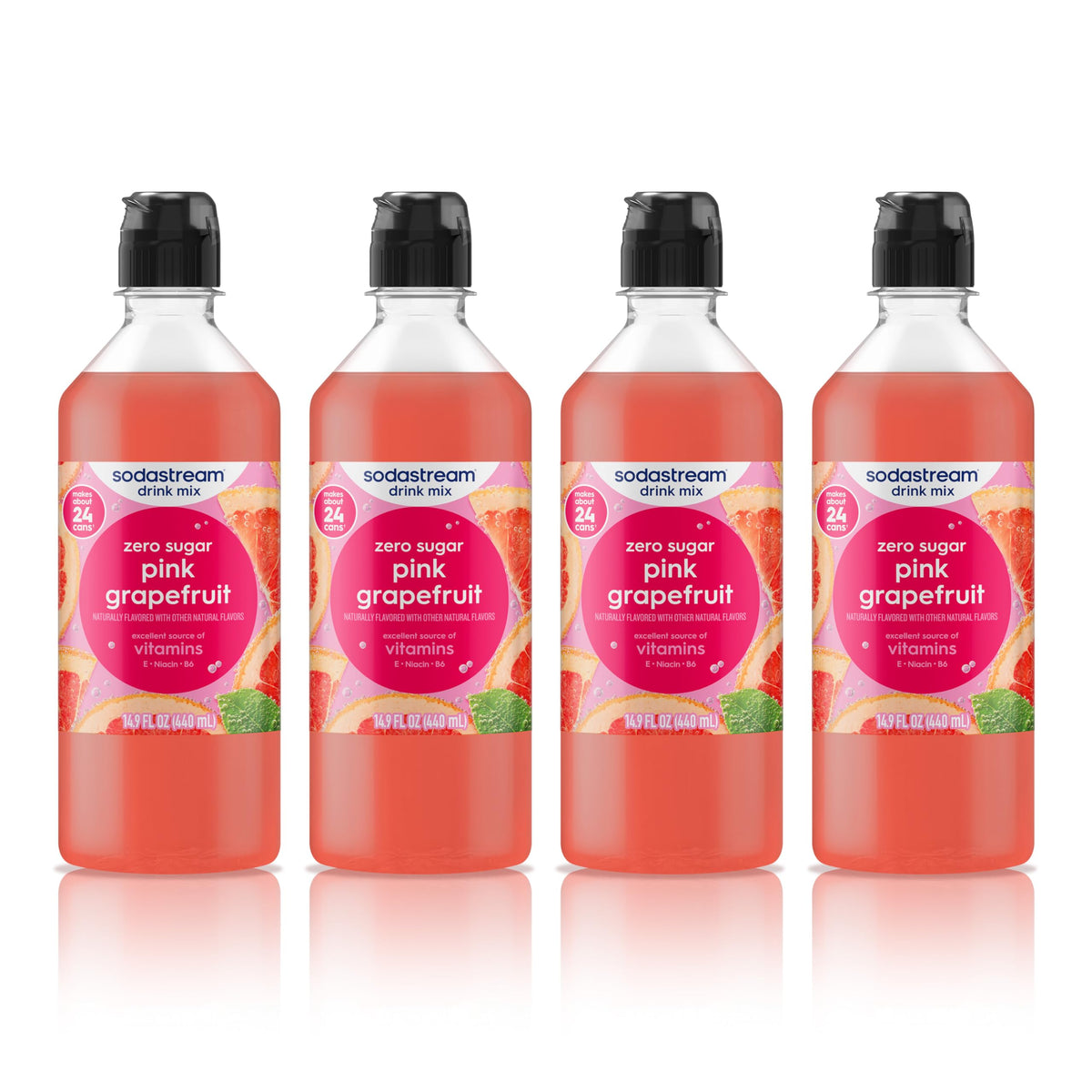 sodastream front packaging Pink Grapefruit shows four bottles and easy storage benefit