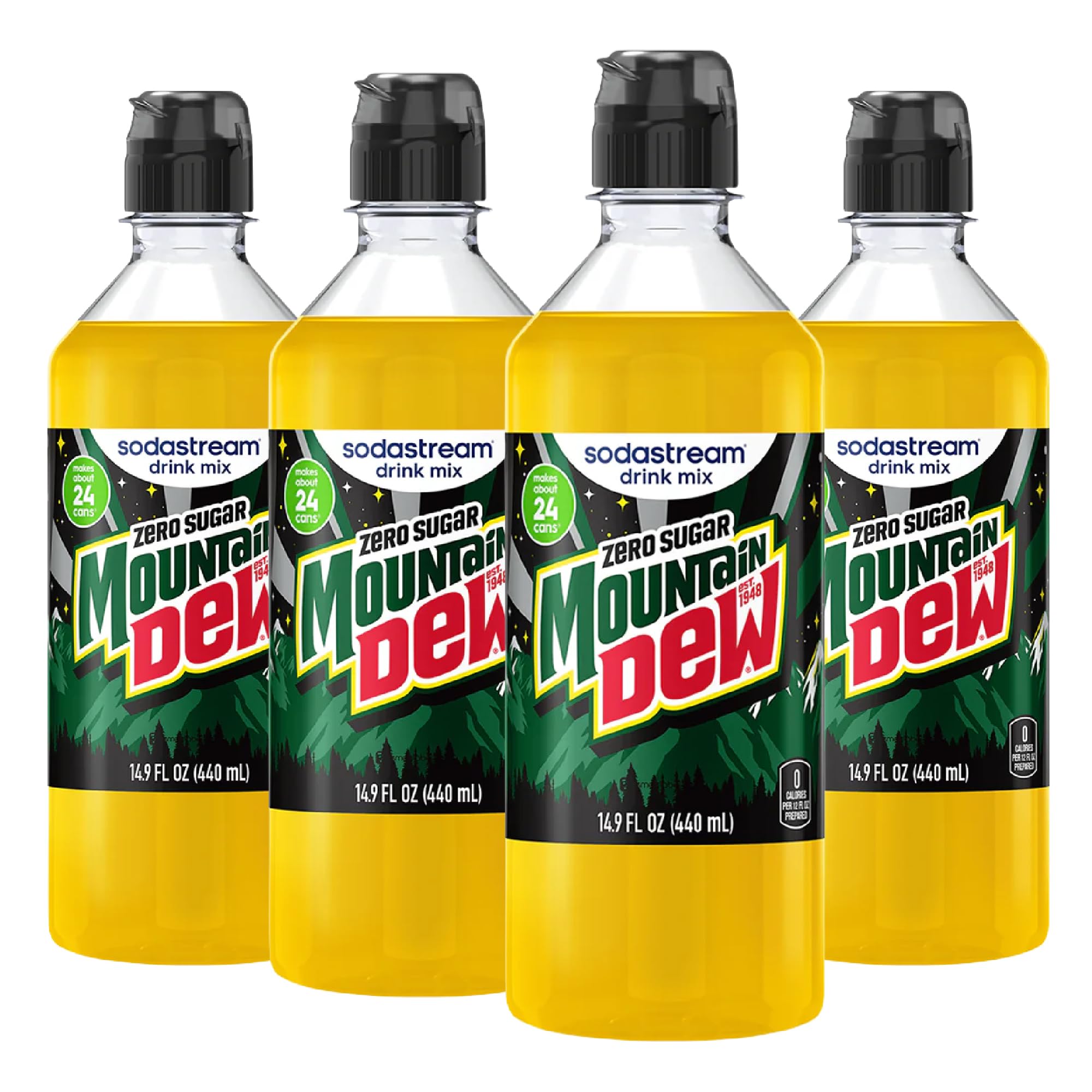 sodastream front-packaging showing four Mountain Dew Zero bottles and brand logo benefit convenience