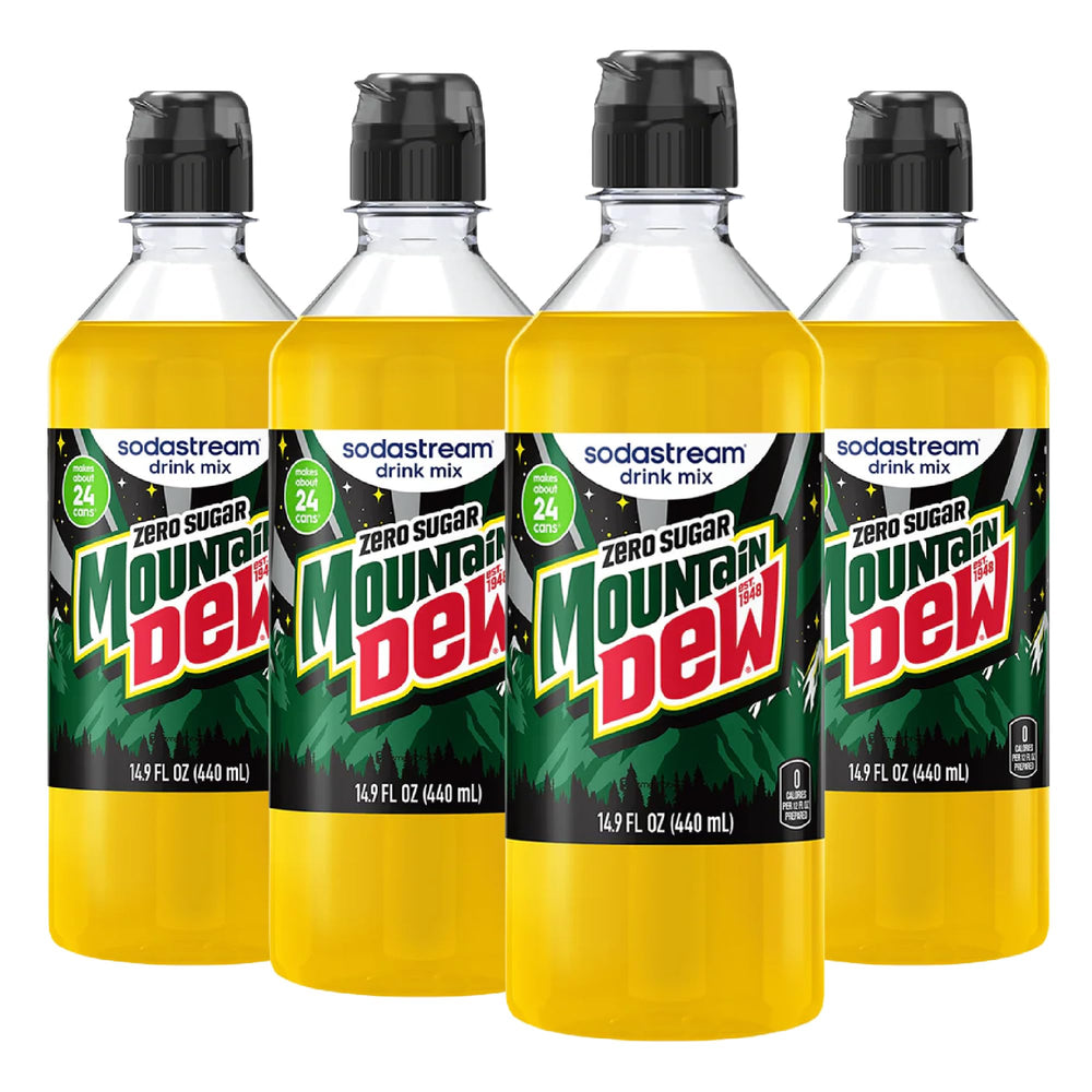 sodastream front-packaging showing four Mountain Dew Zero bottles and brand logo benefit convenience