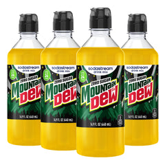 sodastream front-packaging showing four Mountain Dew Zero bottles and brand logo benefit convenience