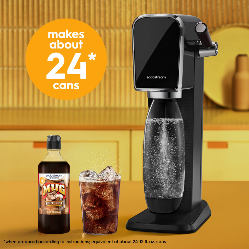 sodastream MUG Root Beer bottle beside a Sodastream machine illustrating compatibility and convenience