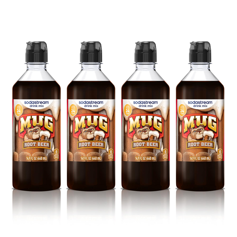 sodastream MUG Root Beer front packaging showing four bottles and pour-spout cap for easy mixing