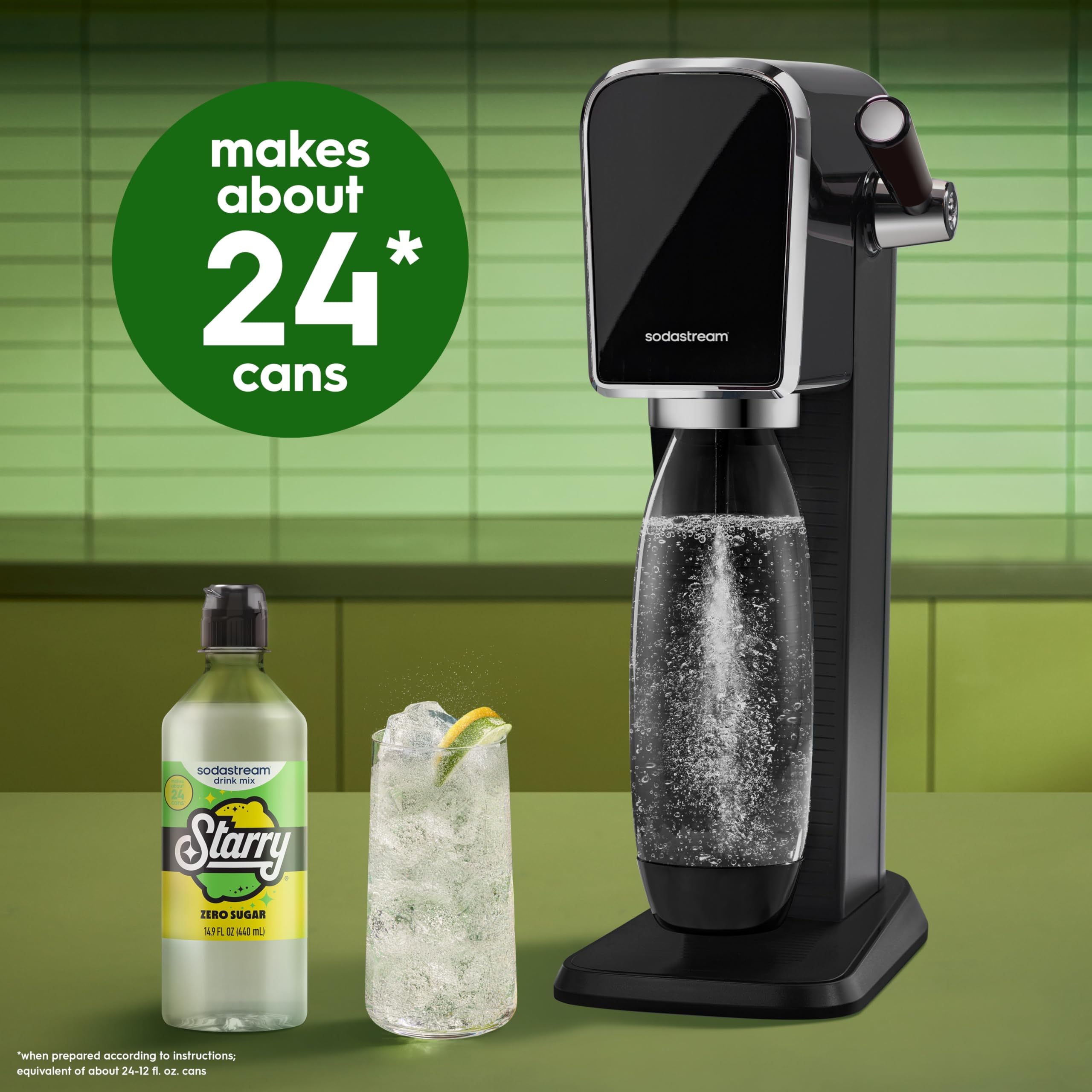 sodastream bottle next to soda maker to show compact size and scale
