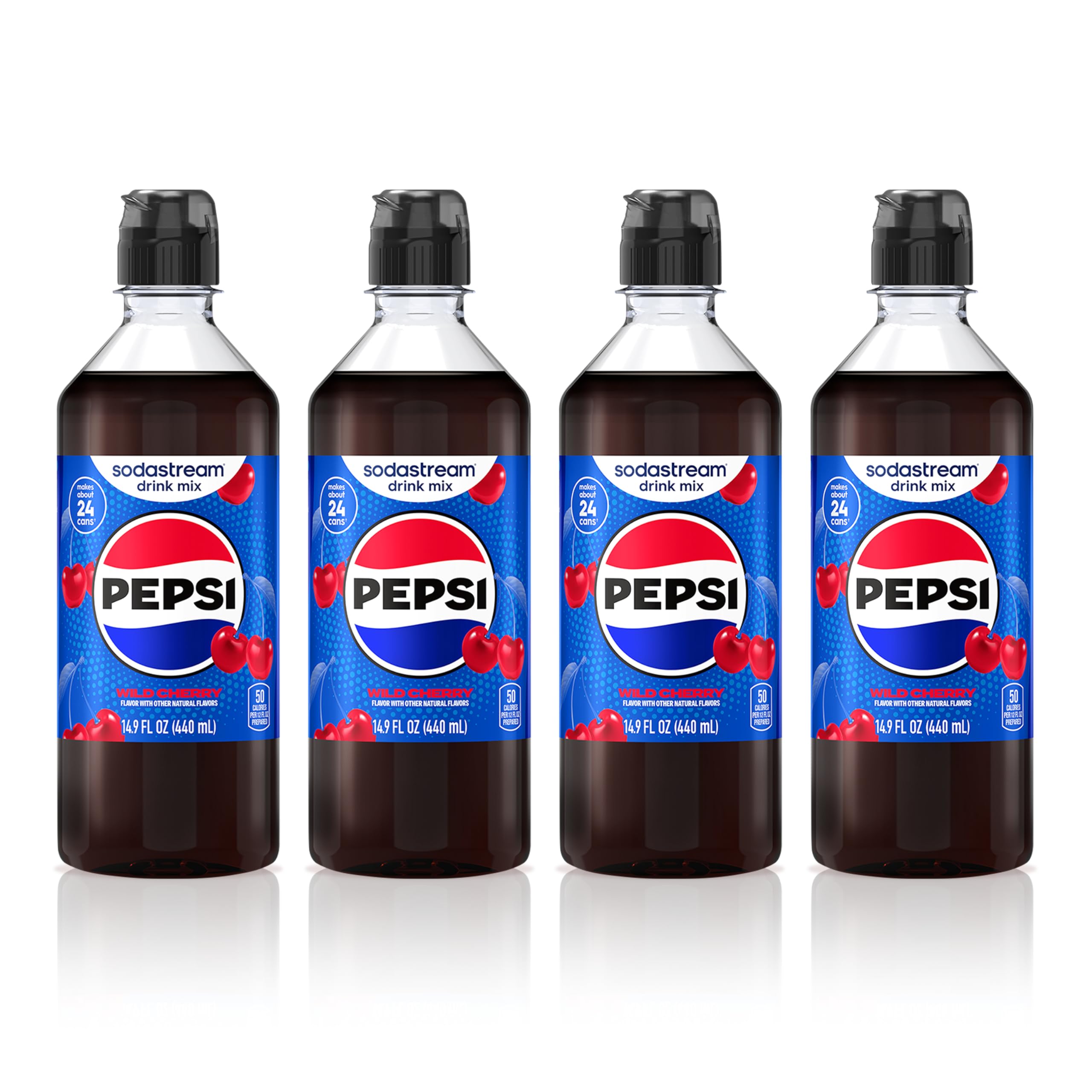 sodastream front packaging showing four Pepsi Wild Cherry bottles and product benefits