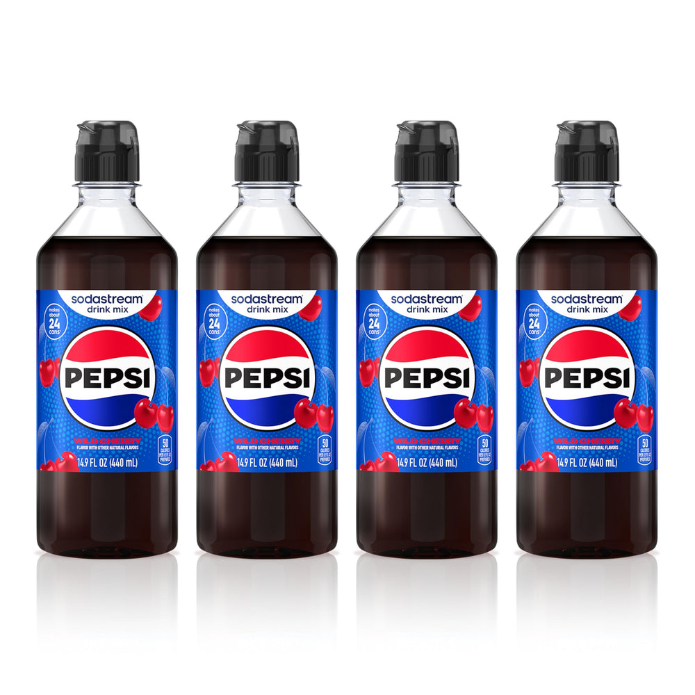 sodastream front packaging showing four Pepsi Wild Cherry bottles and product benefits