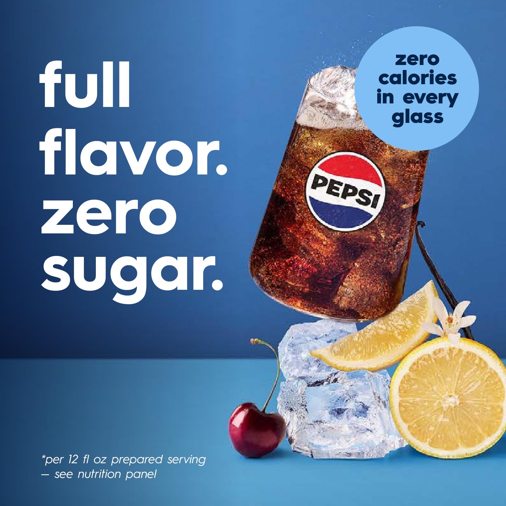 sodastream Pepsi Zero pouring over ice for immediately refreshing cola