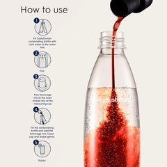 sodastream pouring mix into sparkling water glass, illustrates easy home preparation
