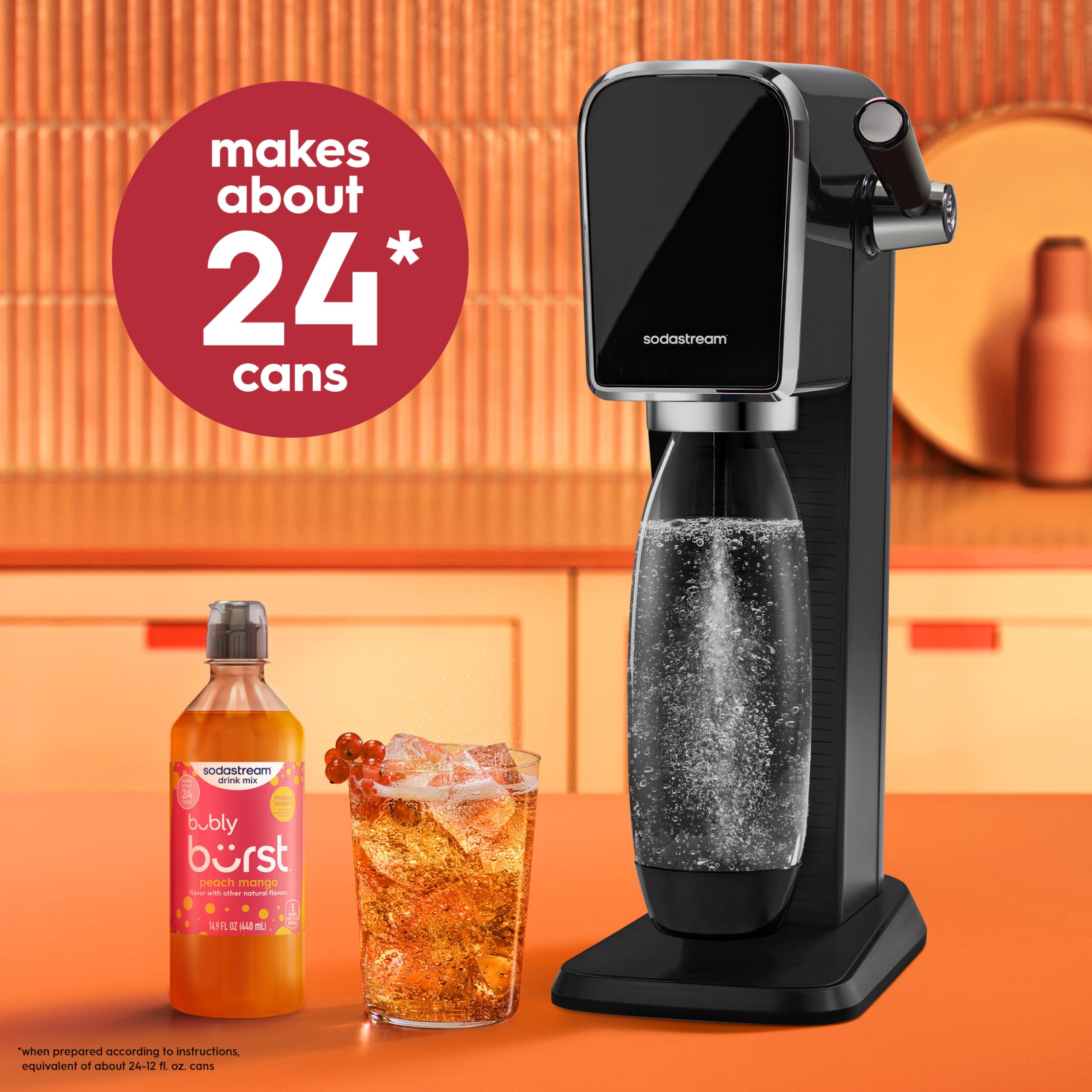 sodastream served sparkling glass with peach mango drink, highlighting refreshing taste