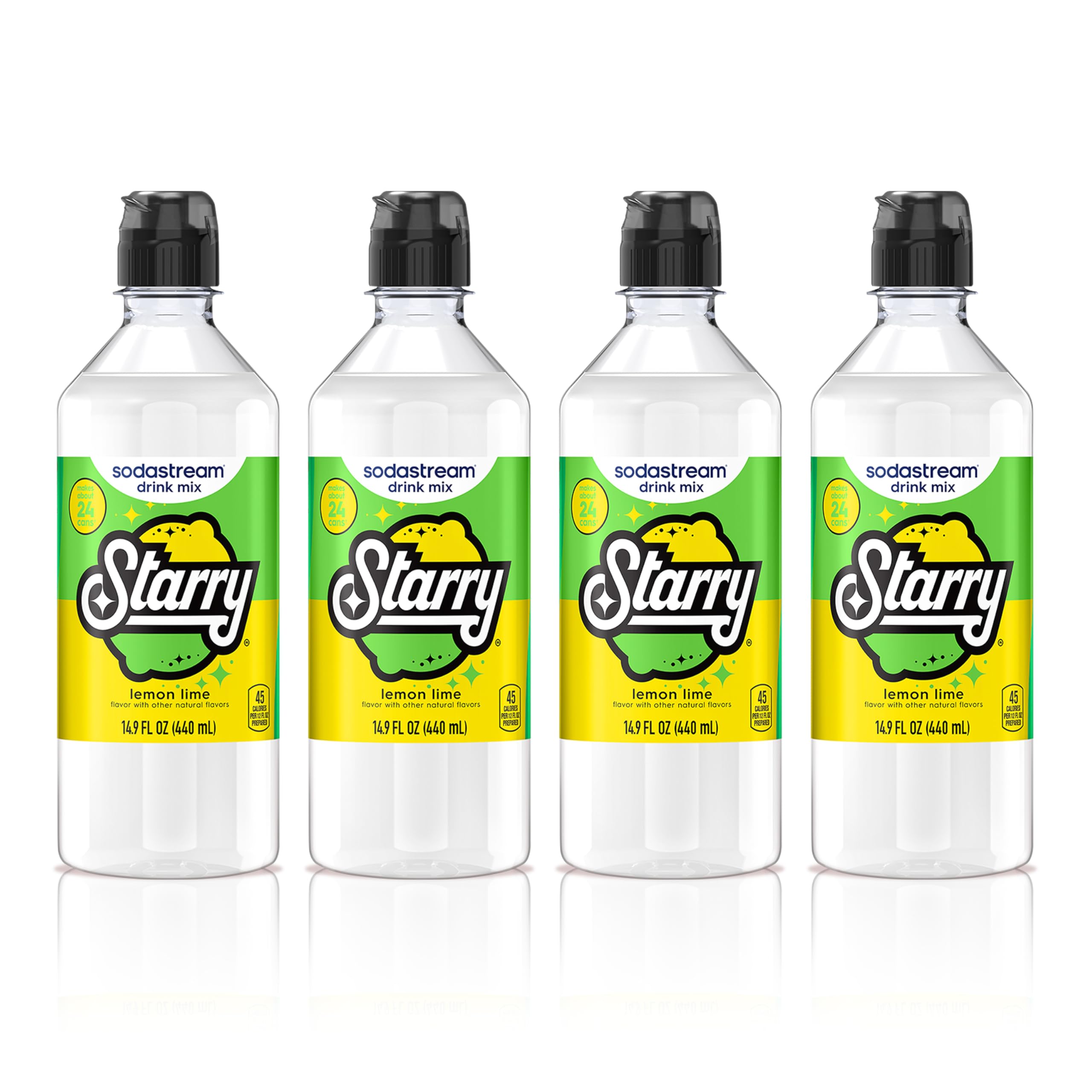 sodastream Starry front packaging showing four lemon-lime syrup bottles and clear label benefits
