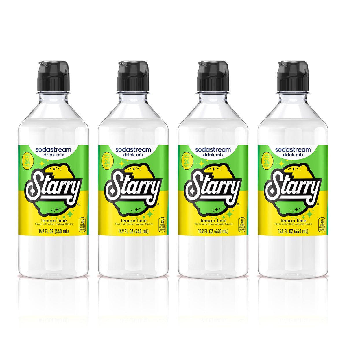 sodastream Starry front packaging showing four lemon-lime syrup bottles and clear label benefits