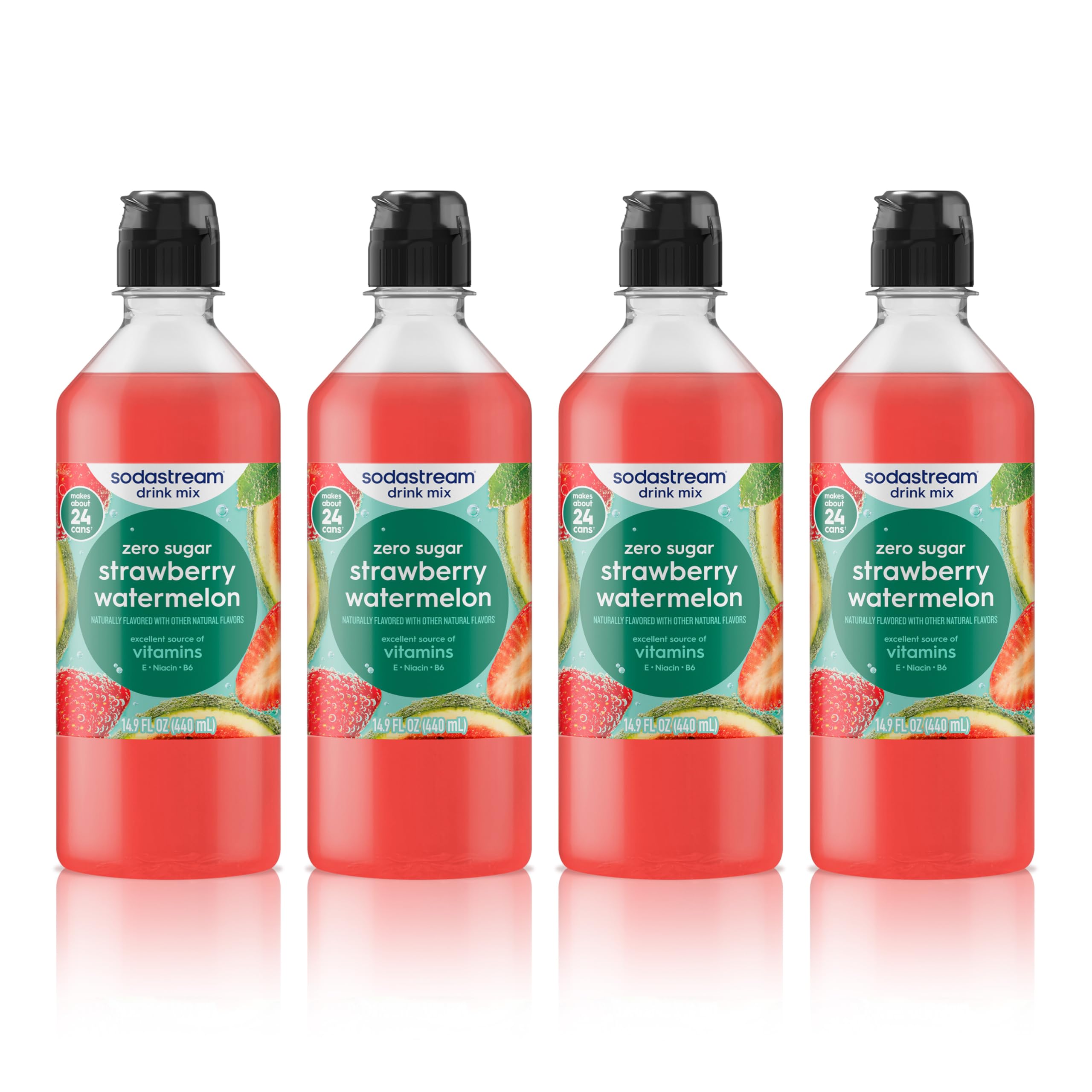 sodastream front packaging showing four strawberry watermelon bottles and value pack - quick refill convenience