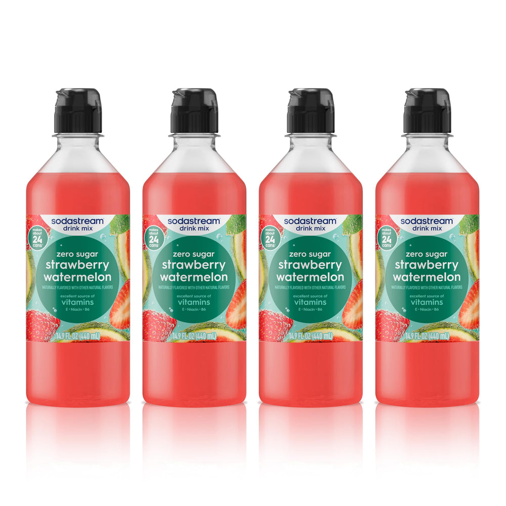 sodastream front packaging showing four strawberry watermelon bottles and value pack - quick refill convenience