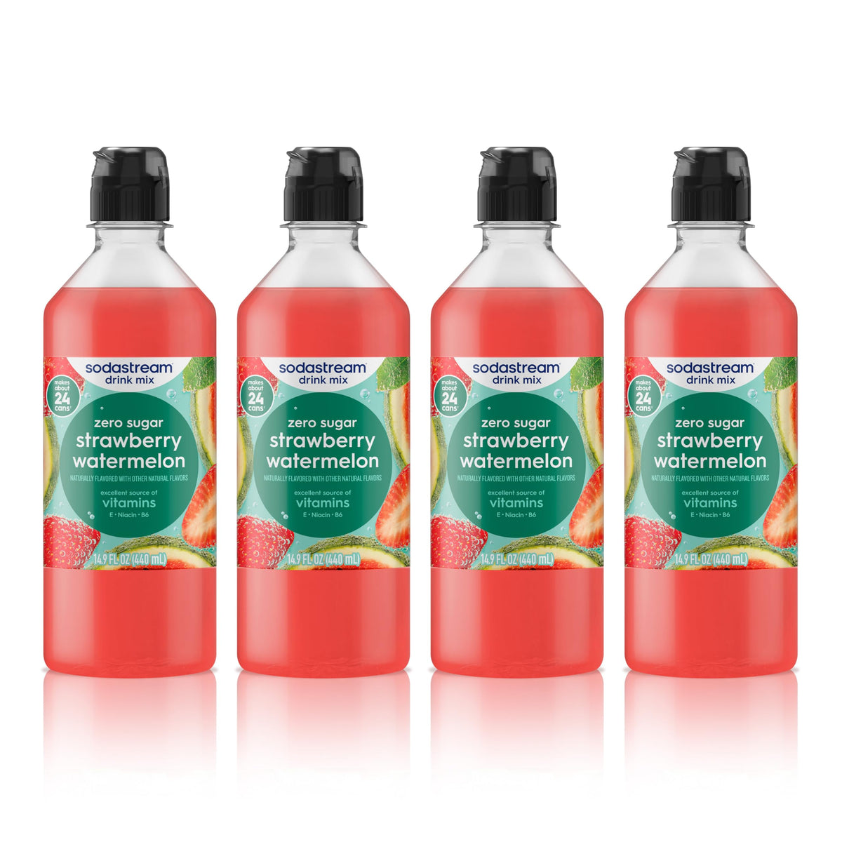 sodastream front packaging showing four strawberry watermelon bottles and value pack - quick refill convenience
