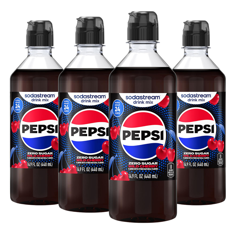 sodastream front packaging showing four wild cherry pepsi zero bottles and value
