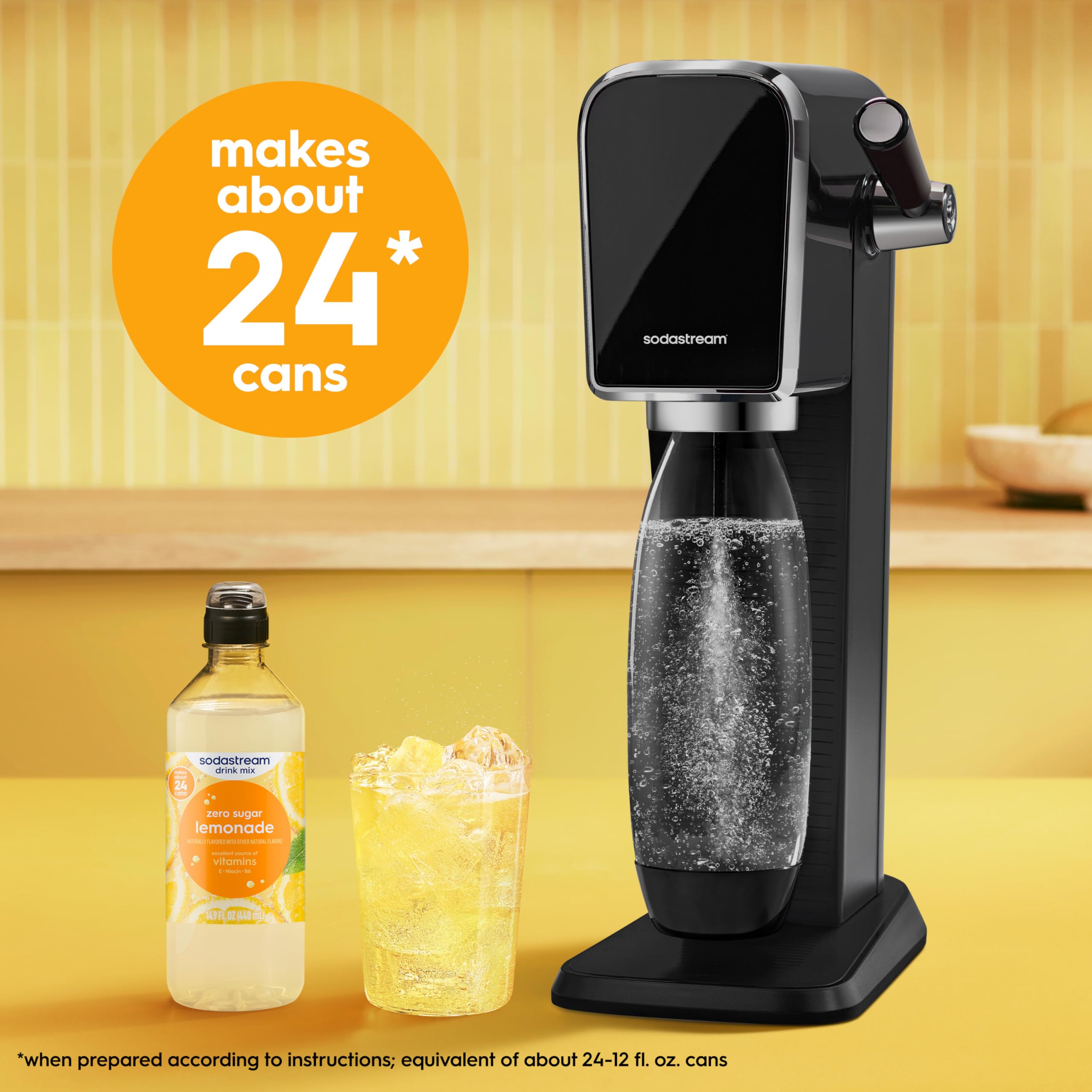 sodastream pouring into glass with ice showing effortless drink prep