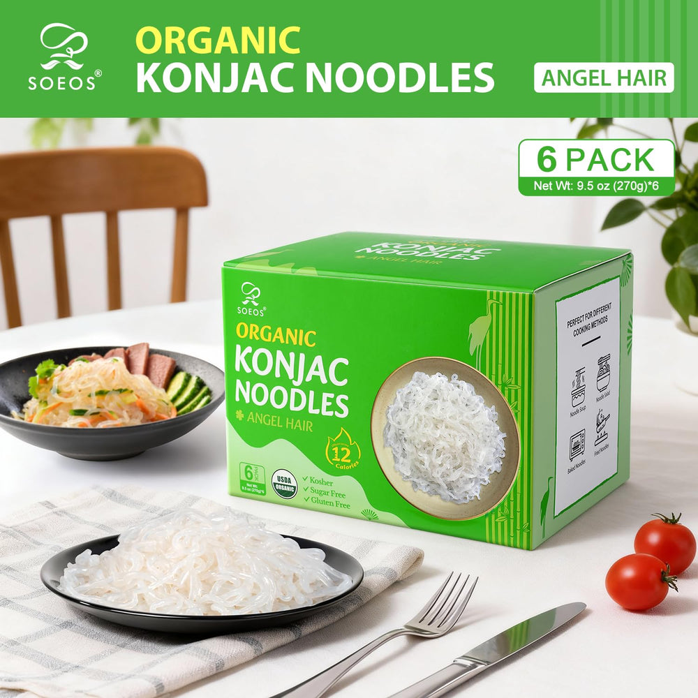 Soeos drained konjac noodles in a colander ready for quick cooking