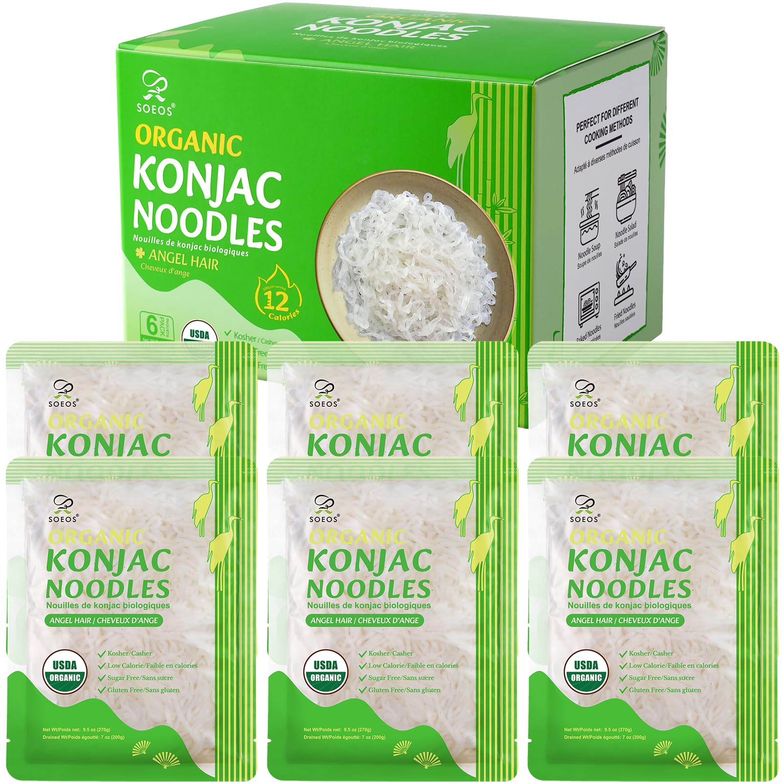 Soeos front packaging showing angel hair konjac noodles and six-pack convenience