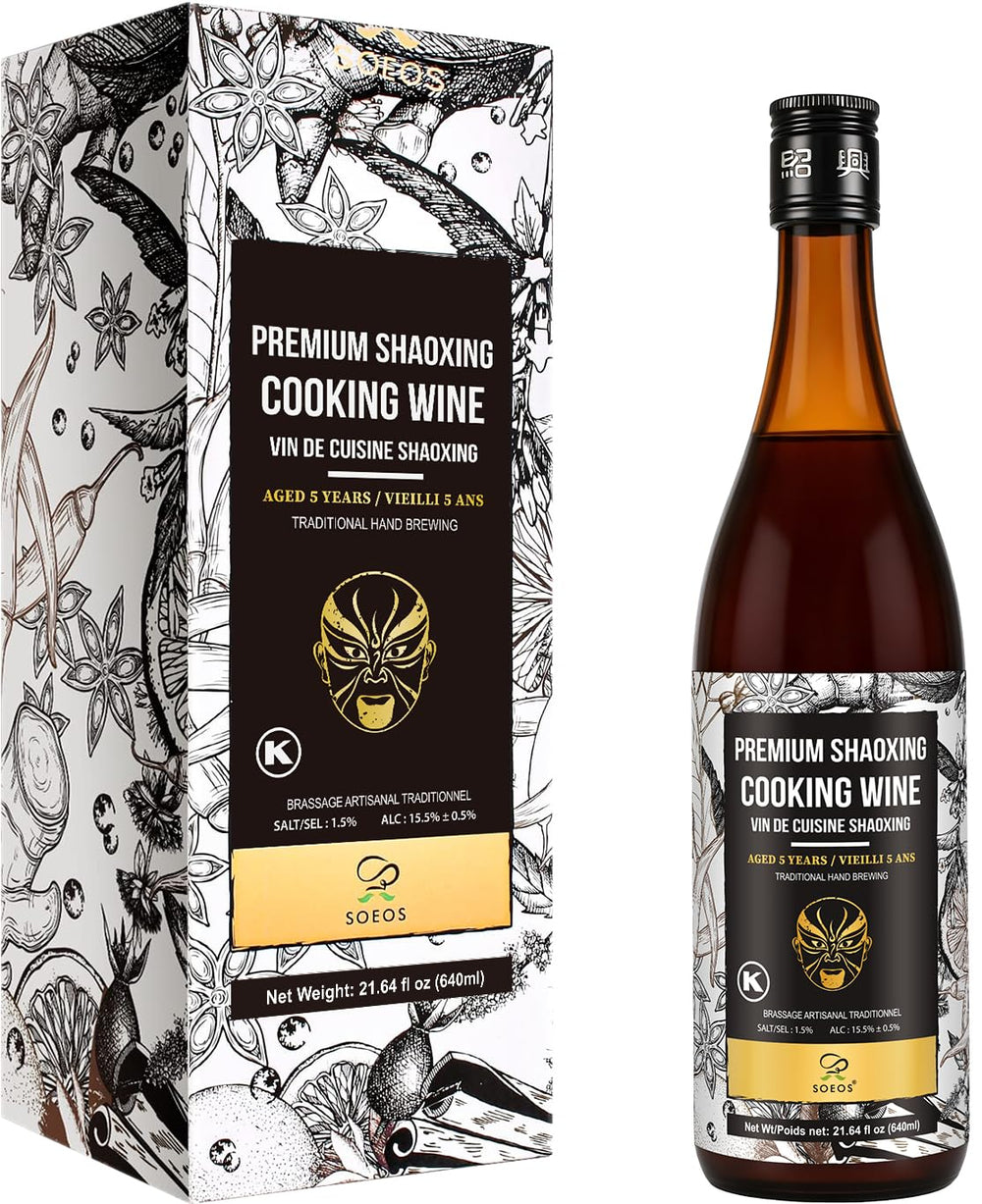 Soeos bottle front label showing authentic aged Shaoxing wine benefit flavor