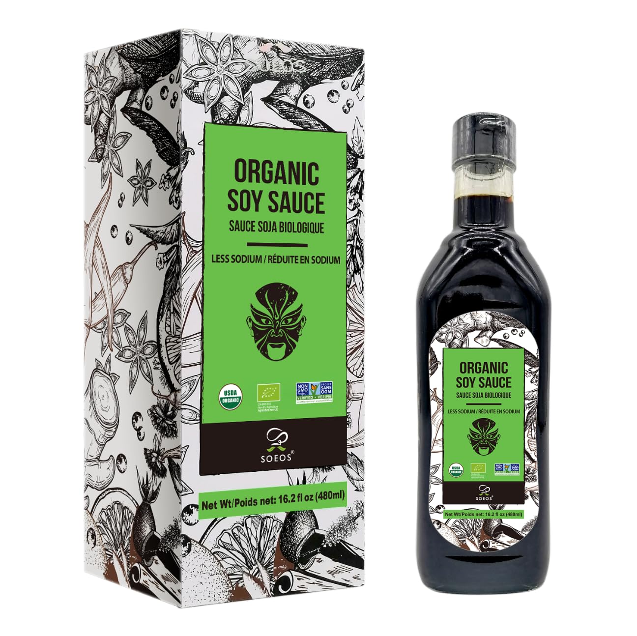 Soeos bottle front view showing organic soy sauce and clean label benefits