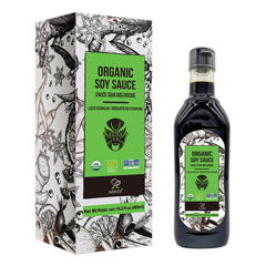 Soeos bottle front view showing organic soy sauce and clean label benefits